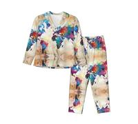 QAZWZML Pyjama imprimé carte du monde abstrait pour femme, pyjama à manches longues boutonné, adapté pour les voyages et les sorties, Noir , XXL