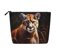 QAZWZML Sac à maquillage en faux lin imprimé cougar à une seule couche - Portable - Avec fermeture éclair - Accessoire de voyage