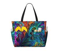 QAZWZML Sac de piscine pliable de grande capacité, sac fourre-tout de plage imprimé plumes colorées adapté pour le shopping, les déménagements et les vacances