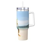 QAZWZML Tasse en acier inoxydable de 1,2 l avec couvercle à poignée et paille - Motif plage - Deux ananas - Mer