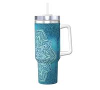 QAZWZML Tasse en acier inoxydable de 1,2 l - Motif bohème - Bleu - Imprimé à double paroi - Avec poignée - Couvercle et paille - Convient pour les voyages et le bureau