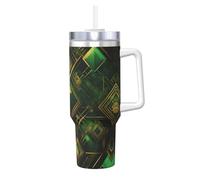 QAZWZML Tasse instantanée à double paroi imprimée à carreaux noirs et verts de 1200 ml avec poignée couvercle et paille pour milkshakes smoothies