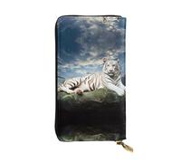QAZWZML Tigre majestueux se reposant sur un rocher avec un ciel nuageux, sac de rangement pour pièces de monnaie, pochette longue, sac pour téléphone portable et compartiment pour carte d'identité