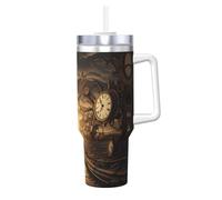 QAZWZML Time Clock Tasse instantanée imprimée à double paroi avec poignée couvercle et paille Convient pour les milkshakes smoothies