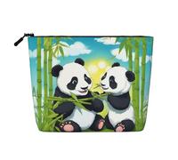 QAZWZML Trousse de maquillage portable à fermeture éclair en faux lin avec deux pandas heureux, accessoire de voyage