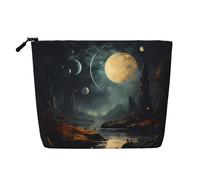 QAZWZML Trousse de maquillage portable à fermeture éclair en faux lin avec motif lune, étoiles et planètes, accessoire de voyage