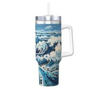 QAZWZML Ukiyo-e Style Waves Mug instantané à double paroi avec poignée couvercle et paille Convient pour l'eau, milkshakes, smoothies 1,2 l