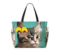 QAZWZML Un sac de plage de grande capacité à motif de chat curieux, sac fourre-tout pliable, adapté pour les voyages et le shopping.