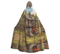 QAZWZML Une maison imprimée festive cape à capuche Halloween adulte cape à capuche sans fermeture éclair adaptée pour les fêtes de vacances et cosplay