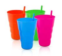 QBL® Lot de 4 verres en plastique avec pailles - Idéal pour les boissons des enfants - Assortiment de 4