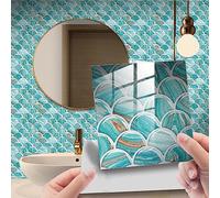 QBYRSSS Carrelage adhésif décoratif 10x10 cm, Effet marbre Bleu et Marron, en Vinyle résistant à l'eau et à l'huile, idéal pour la décoration de la Cuisine et de la Salle de Bain (10 pièces).