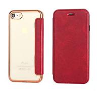 QC-EMART Coque à Rabat pour iPhone SE 2022/2020, Etui Folio en Cuir avec Silicone TPU Arrière Transparente Antichoc avec Fente Housse Protection pour iPhone SE 2022/2020 Rouge