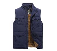 QCBH Gilet multi-poches en molleton grande taille pour hommes gilet chaud rembourré extérieur gilet de coton reporter de pêche veste sans manches, Bleu, XL
