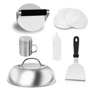 Qcdou Smashed Kit de presse à hamburger, 6 pièces de presse à hamburger, spatule en métal, dôme de fusion de fromage, 100 feuilles de papier à galettes de cire, bouteilles compressibles, kit