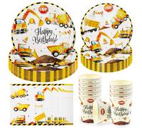 Qcdou Vaisselle de Fête Sur Chantier, 50 Pièces de Vaisselle de Fête de Chantier Décoration D'anniversaire, Assiettes en Papier Gobelets Serviettes Excavatrice, pour 10 Invités (F)