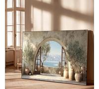 Qcdxfgdfh Décoration murale méditerranéenne avec olivier et fenêtre cintrée, poster de paysage côtier beige avec pot en terre cuite (20x30cm/cadre intérieur)