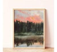 Qcdxfgdfh Tableau aquarelle « Reflet d'un lac en forêt au coucher du soleil », style cottage, format vertical, aux tons doux et feutrés (80 x 120 cm, sans cadre)