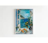 Qcdxfgdfh Tableau mural « Fenêtre ouverte sur la côte et agrumes », toile impressionniste représentant un village avec la mer bleue, pour une décoration intérieure bohème (20 x 30 cm/sans cadre)