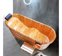 Qcesorib Baignoire Spa en Bois Massif Naturel, Baignoire de Luxe avec Appuie-Tête, Baignoire Autoportante en Bois, Baignoire for Adulte avec Tabouret, pour Hôtels, Famill, Couleur du Bois