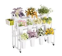 Qcesorib Présentoir de Fleurs en Métal avec roulettes, Présentoir de Fleurs Robustes avec 11 Seaux, Présentoir de Fleurs à 3 Niveaux, pour Fleuriste Jardin Patio, Blanc/Noir