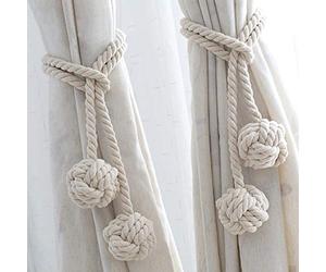 QCHOMEE 1 Pair Embrasse à Rideaux Pompon Tricot Rideau Corde Pince/Boucle à Rideaux Double Boules Tressées Décoratives Embrasse de Rideaux Corde Coton Accessoires de Rideau pour Maison Chambre Bureau