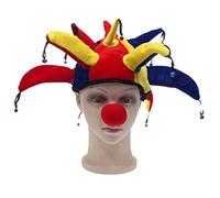 Qchomee Chapeau de Clown Bouffon Halloween avec 13 Cornes Colorées et Nez Rouge Ensemble Bonnet de Fou du Roi Adultes Enfants Costume Accessoires pour Halloween Mascarade Cosplay Festival Carnaval