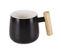 Qchomee Tasse en Céramique Noire de 500ml avec Poignée en Bois, Réutilisable, Durable, Ronde, Classique, Pour Maison et Bureau