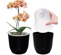 QCQHDU 2Pack Pot pour Orchidées Transparent, 18,3 Cm Pot De Fleur Intérieur, Bac À Réserve d'eau pour Plante Intérieur, Double Couche Auto-Irrigation avec Circulation d'air Optimale（Noir Pur）