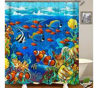 Qcwn Rideau de douche Tissu imperméable Décor Océan Animal Poissons tropicaux Sous-marin Récif de corail Royaume du monde sous-marin Salle de bain Fourni avec crochets, Polyester, 1, 65" x 70"