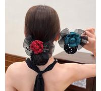 Qcwwy Clip Clip Barrette avec Net Hair Snoods Chignon Hair Bun Cover Bow Not Decor Élégant Design Noir Floral Noir Facile à Utiliser pour les Femmes Graduations de Workplace School (GREEN)