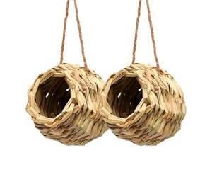 Qcwwy Nid D'oiseau Suspendu, Nichoir en Herbe Naturelle Tissée à la Main, 2 | Cabane gigogne ronde de 2,4 pouces avec corde d\'entrée de 2,4 pouces pour jardin, patio, pelouse, porche, décoration