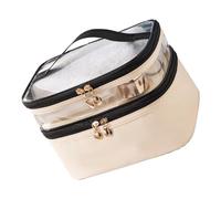 Qcwwy Trousse de Maquillage Double Couche, Sac de Voyage en PVC, Rangement Pratique, Poignée Confortable, Essentiel pour Les Organisateurs de Maison et de Voyage (Beige)