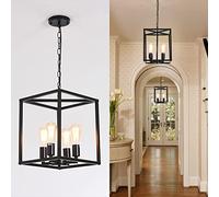 Qcyuui 4 LumièRes Lanterne Lustres Industriel MéTal RéGlable Hauteur Foyer Suspension, Luminaire Suspendu Noir Rustique Pour Cuisine îLe Ferme Couloir