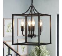 Qcyuui Lustres Industriels de Lanterne en Métal Lustre de Plafond de Ferme Réglable À 4 Lumières, Luminaire Suspendu D'îlot de Cuisine en Noir Rustique Pour Salle À Manger de Couloir.