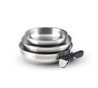 Qdesign - Batterie de Cuisine à Induction 4 Pièces - Set de 3 Poêles en Inox 20, 24 et 26 cm avec Poignée Amovible - Acier Inoxydable - Lot pour Tout Feu - Sans PFOA - Argenté