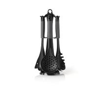 QDESIGN Lot d'ustensiles de cuisine 6 pièces en nylon doux au toucher résistant à la chaleur, poignées antidérapantes avec support de rangement rotatif - passe au lave-vaisselle - Noir/gris foncé