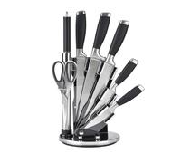 Qdesign Porte-couteaux acrylique rotatif à 360° + 7 ustensiles de cuisine - Lames en acier inox 3CR14 + poignées douces au toucher- 5 couteaux + ciseaux + bloc de base + fusil à aiguiser- Noir/Argent