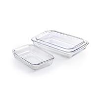 Qdesign - Set de 3 Plats à Four Rectangulaires en Verre Borosilicate 1,6L + 2,2L + 3L - Utilisation -40°C / 460°C - Poignées Solides - Empilables - Transparent