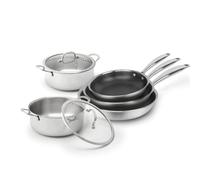 Qdesign - Set de 3 Poêles 20/24/28 cm en Acier Inoxydable Triply Revêtement Nid d'Abeille Antiadhésif + 2 Faitouts 22/26 cm + 2 Couvercles en Verre 22/26 cm