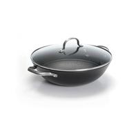 QDESIGN - Wok en fonte d'acier noir avec revêtement antiadhésif nid d'abeille et couvercle en verre, 30 cm, idéal pour une cuisson optimale et durable, Pour tous les feux, dont induction