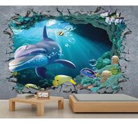 QDJKBL Fresque murale soleil monde sous-marin, papier peint poisson ruban coloré, papier peint dauphins, papier peint vie marine 3D pour chambre à coucher, salle de bain 300 x 210 cm