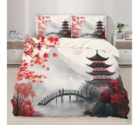 QDJKBL Parure de lit avec housse de couette de style asiatique traditionnel pour chambre à coucher avec housse de couette à motif de pagode d'érable rouge, pour lit super king size