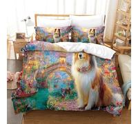 QDZHCPMYK 3D, Imprimé Collie Dog in Traditional Chinese Village Literie en Microfibre Super Douce Et Respirante Housse De Couette 3 Pièces avec Taies d'oreiller King（220x240cm）