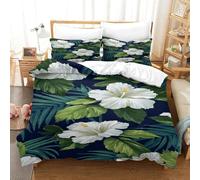 QDZHCPMYK 3D, Imprimé White Flowers and Green Leaves Ensemble De Literie avec Microfibre Super Douce Et Respirante Sets De Housses De Couettes 3 Pièces Et Taie d'oreiller Double（200x200cm）