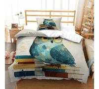 QDZHCPMYK Imprimé 3D Wise Owl Reading-Cartoon Educational Style Parure De Lit Microfibre Super Douce Et Respirante Set De Housse De Couette 2 Pièces Et Taie d'oreiller Single（135x200cm）