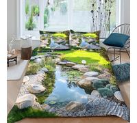 QDZHCPMYK Imprimé en 3D Bassin de Jardin Housse de Couette Linge de lit avec taie d'oreiller Aménagement paysager Naturel Taie de Couette pour Travailleurs célibataires familles Super King（260x220cm）