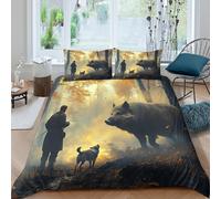 QDZHCPMYK Imprimé en 3D Chasse au Sanglier Housse pour Couette Linge de lit avec taie d'oreiller Ultra-Doux scène de forêt d'automne Couverture Housse pour Adolescents colocataires Double（200x200cm）