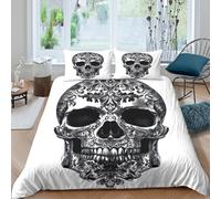 QDZHCPMYK Imprimé en 3D du crâne Housse de Couette Microfibre Linge de lit avec taie d'oreiller Séchant Rapide Style décoratif orné Taie de Couette Durable pour étudiants colocataires King（220x240cm）