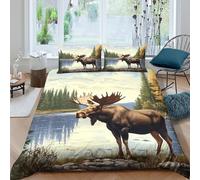 QDZHCPMYK Imprimé en 3D Élan dans la forêt Housse pour Couette Linge de lit avec taie d'oreiller Ultra-Doux Peinture de Paysage Naturel Couverture Housse pour Adolescents étudiants Single（135x200cm）