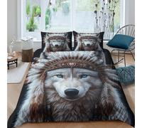 QDZHCPMYK Imprimé en 3D Esprit du Loup Couverture Housse Linge de lit avec taie d'oreiller Ultra-Doux Style Artistique amérindien Housse de Couette Léger pour étudiants célibataires Single（140x200cm）